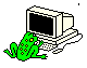 A frog using a computer that says hello